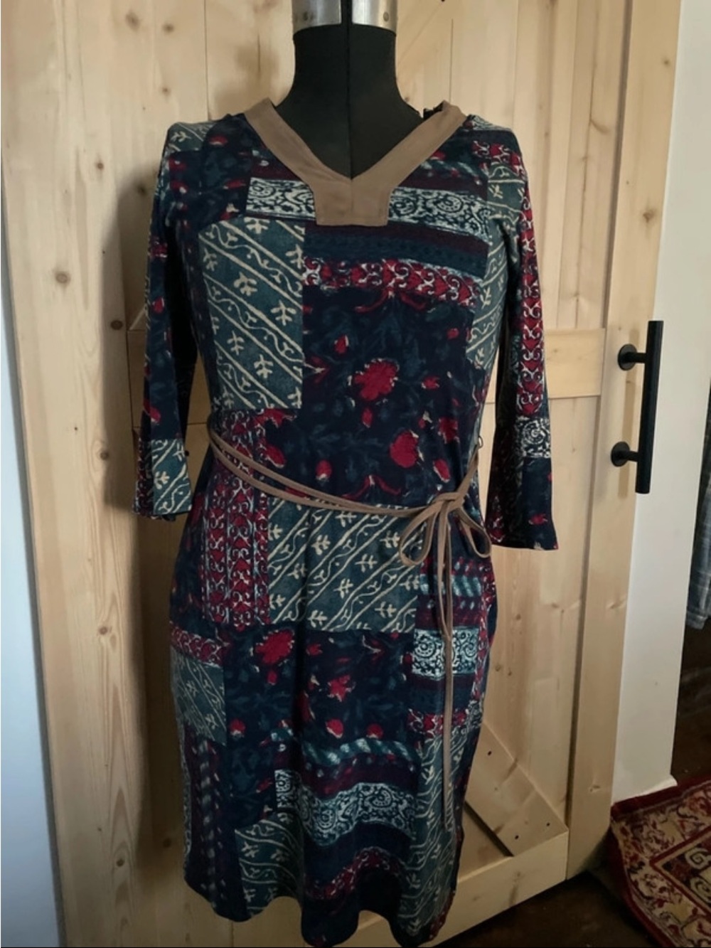 Lauren Ralph Lauren Navy Patchwork Floral Midi Dress with Tan Accents